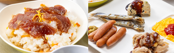 左はマグロのヅケ丼、右は朝食プレート（ウインナー、魚、つくね、スクランブルエッグ）