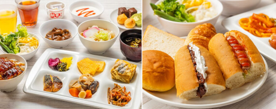 朝食プレートとホットドッグが並ぶコラージュ画像